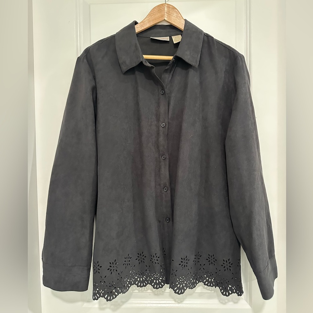 Vintage Faux Suede Black Collared Button Up Shirt Eyelet Details Womenβs XL